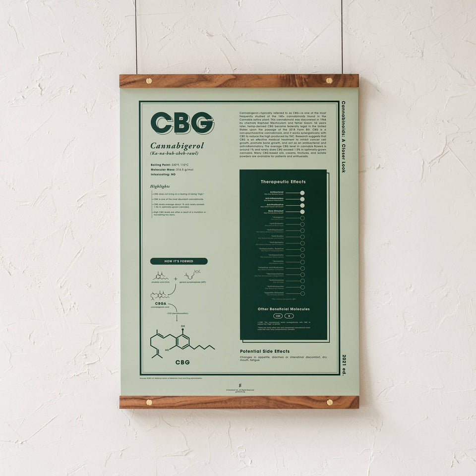 CBG: Cannabigerol - A Closer Look Art Print - Poster with Hanging Rails by Goldleaf