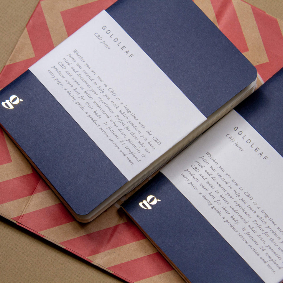 Goldleaf CBD Jotter and Pet Jotter pocket notebooks, designed for tracking daily CBD dosages, therapeutic wellness trends, and domestic pet health patterns.