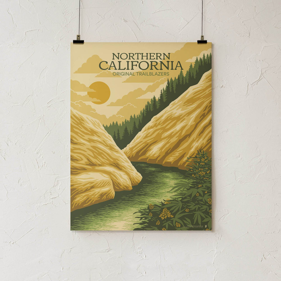 Northern California Vintage Travel Poster - Designed by Eugenia Mello - Cannabis Art Print - Marijuana Decor - Goldleaf